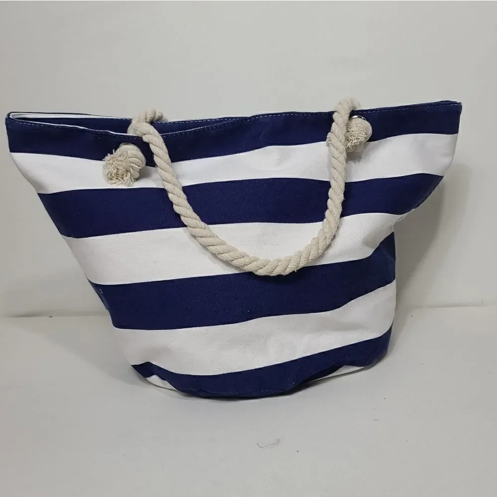 Risca Win blue & white striped Beach tote bag